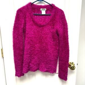 Hot Pink Fuzzy Sweater, Guilty Scoop Neck Pullover, Size M, Y2K